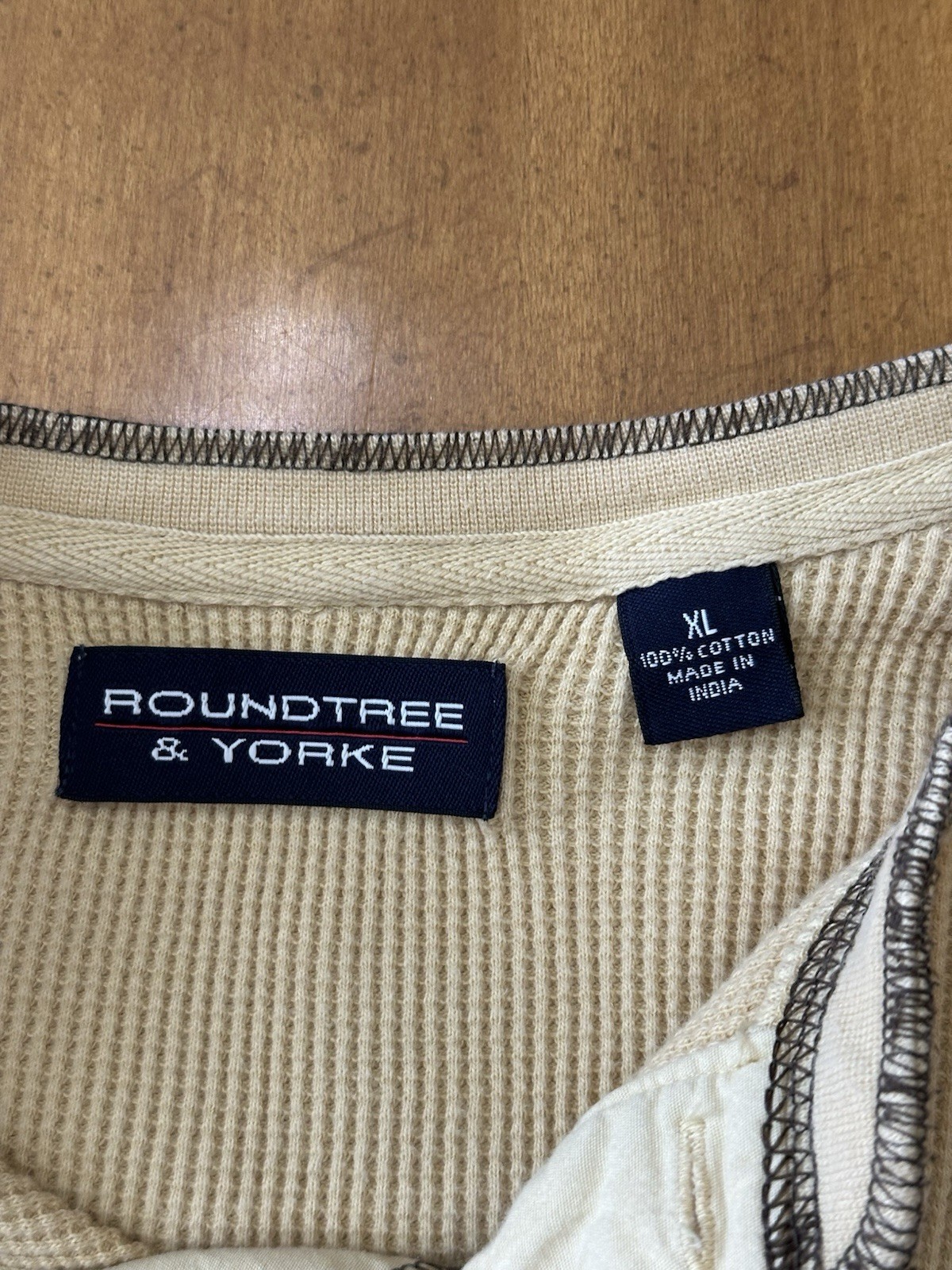 Roundtree & Yorke Mens XL Henley Thermal Waffle Knit Pullover Pale Yellow/Beige gallery