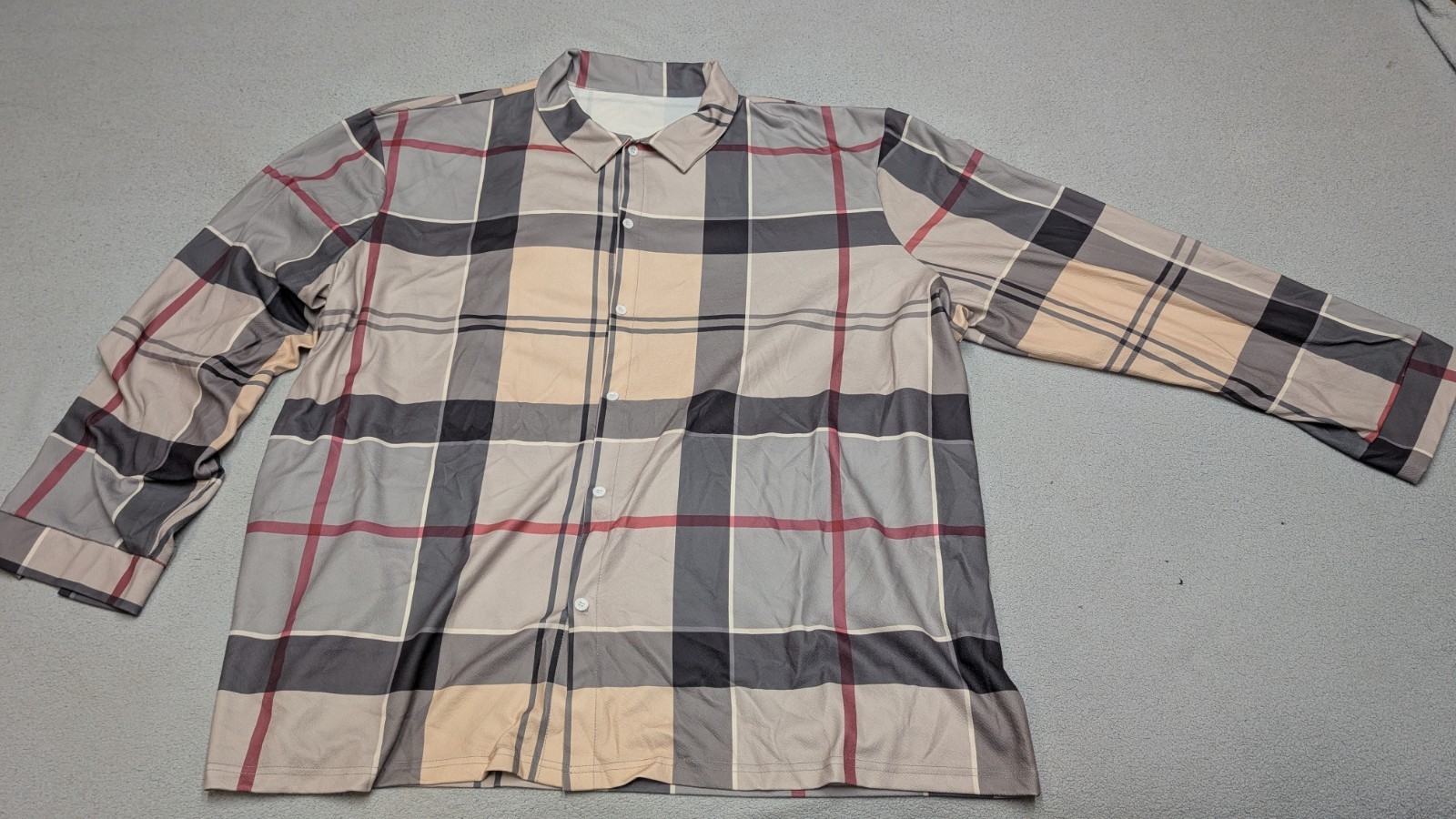 Men’s 6XL Gray Beige Plaid Button Front Shirt Long Sleeve Lightweight Stretch gallery