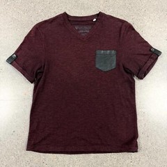 Guess Men’s Extra Small Burgundy V-Neck T-Shirt Faux Leather Pocket XS