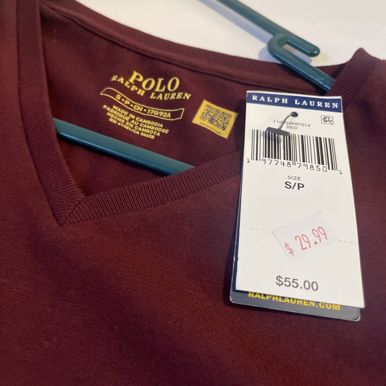 Polo Ralph Lauren Men's V Neck T Shirt (Red) Burgundy New Small gallery