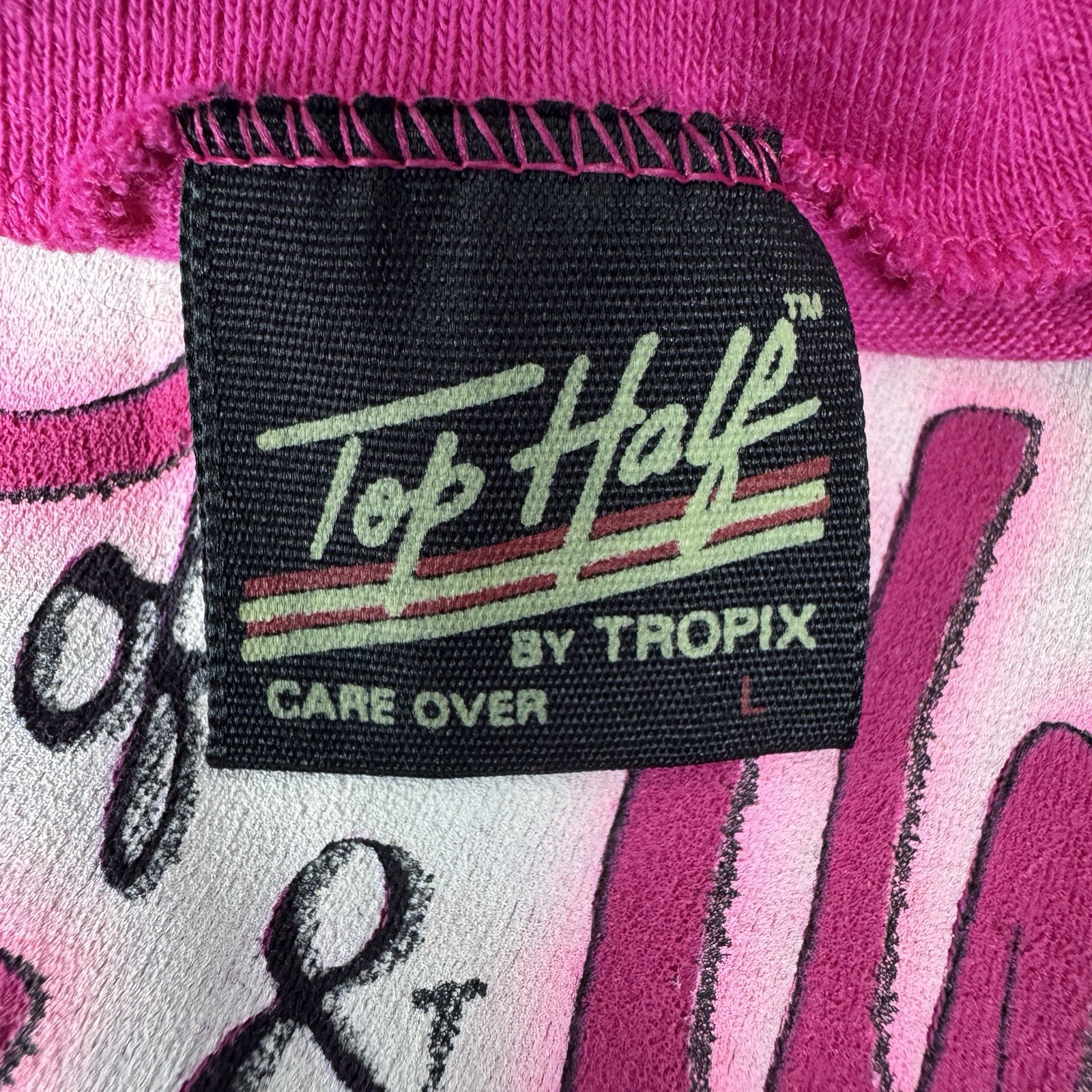 Vtg 80s Lifestyles of Poor & Unknown Top Half Tropix Pink Single Stitch Tee Sz L gallery