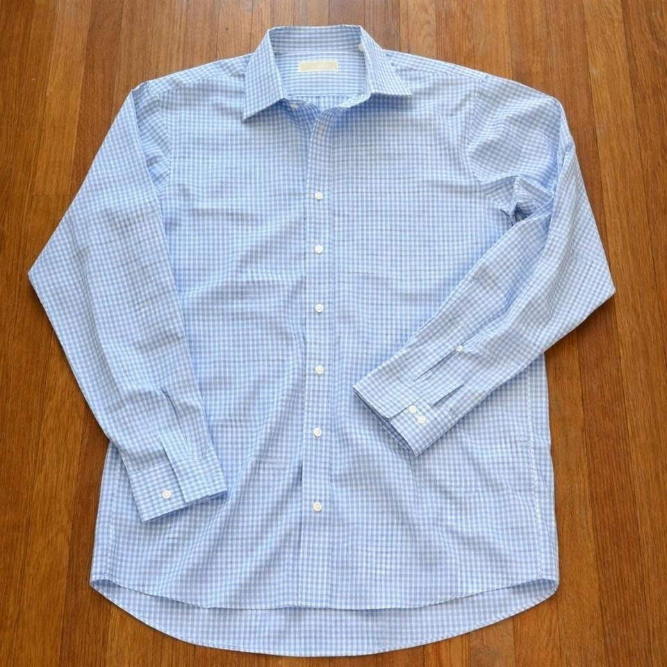 Michael Kors Mens Blue Gingham Check Button Down Dress Shirt Medium 15.5 34/35