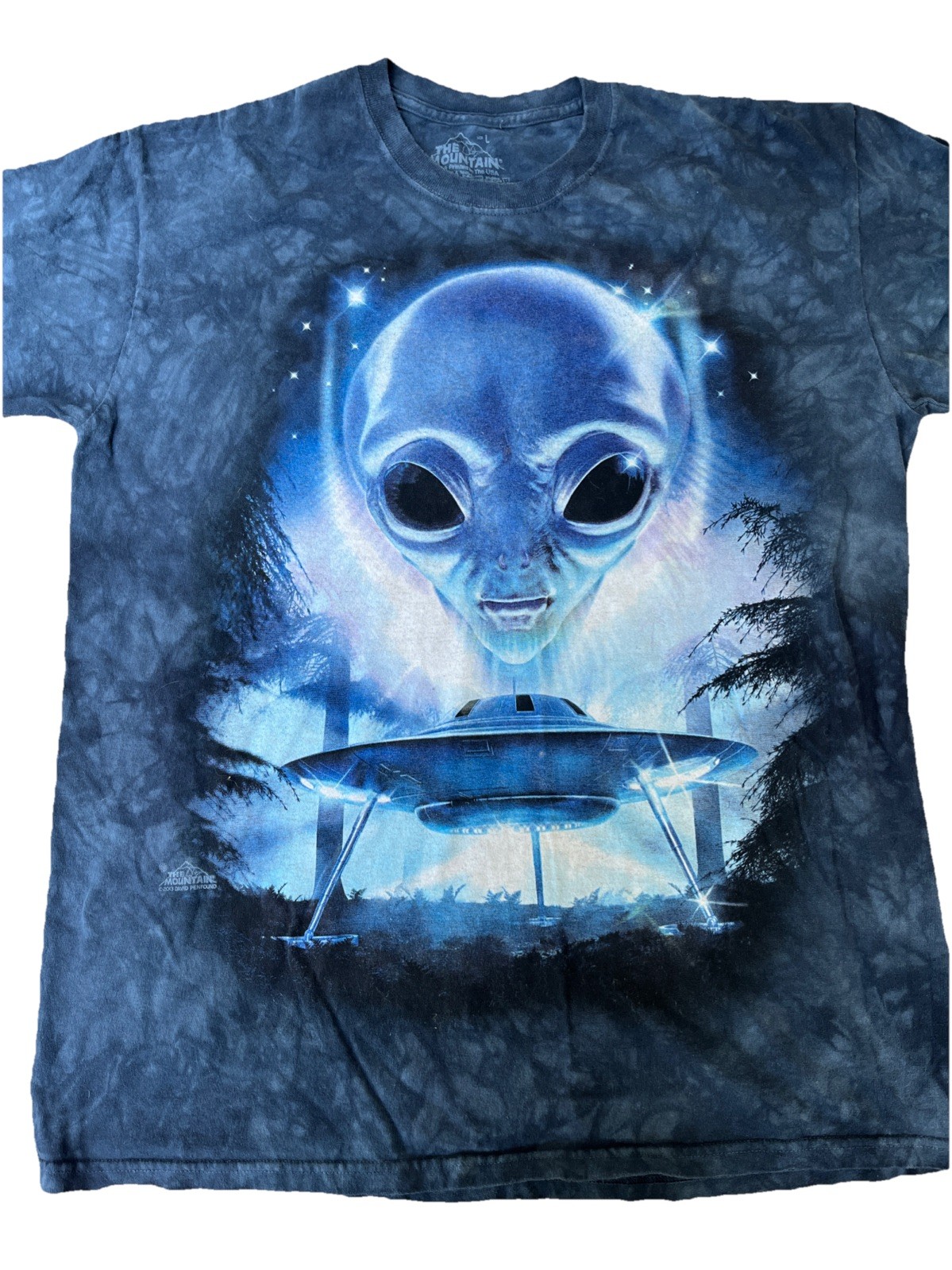 THE MOUNTAIN Alien UFO Graphic Tee Mens L 2013 Blue Acid Wash Shirt gallery