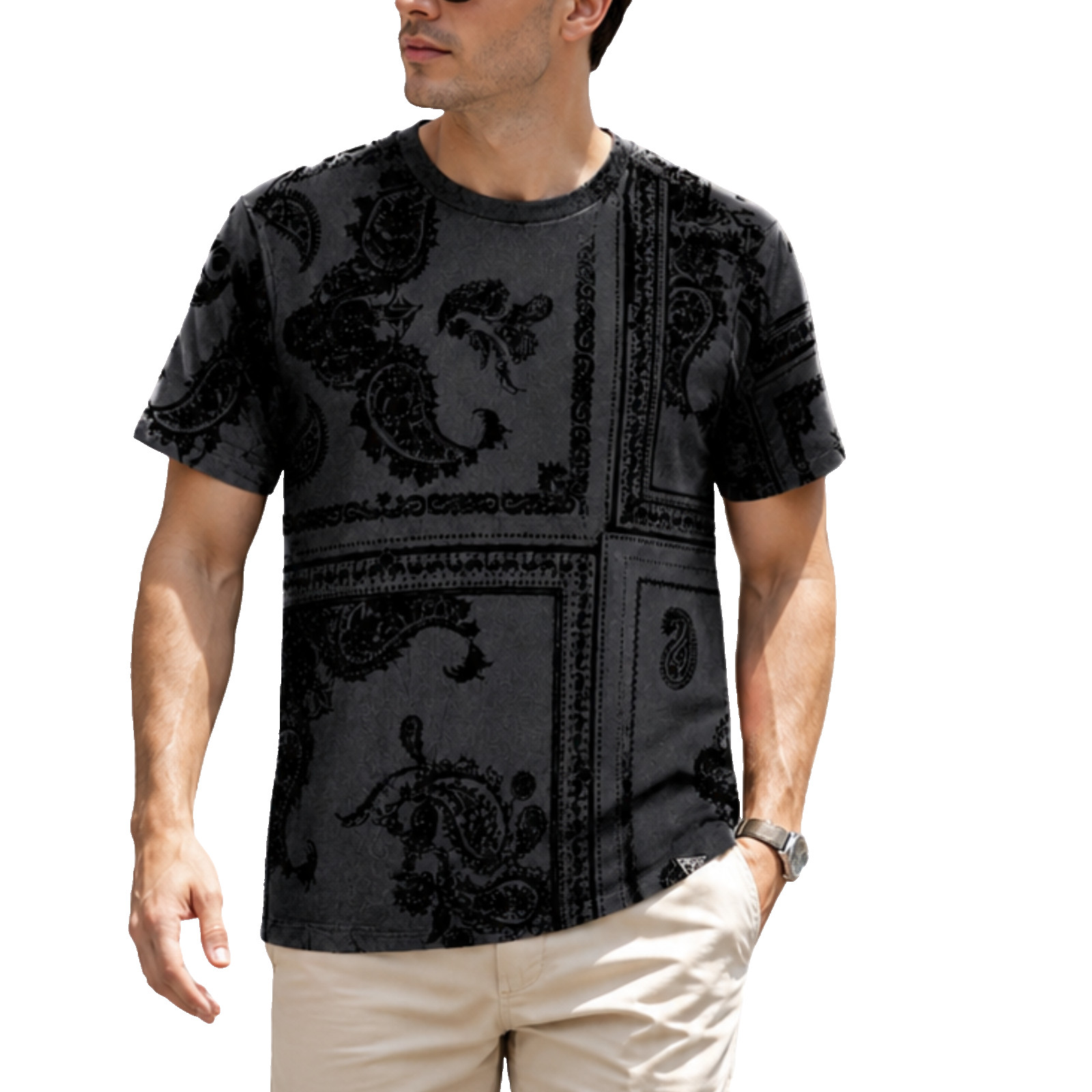 GUESS Men's Size M Black Paisley Flocked T-Shirt Velvet Short Sleeve NWT gallery
