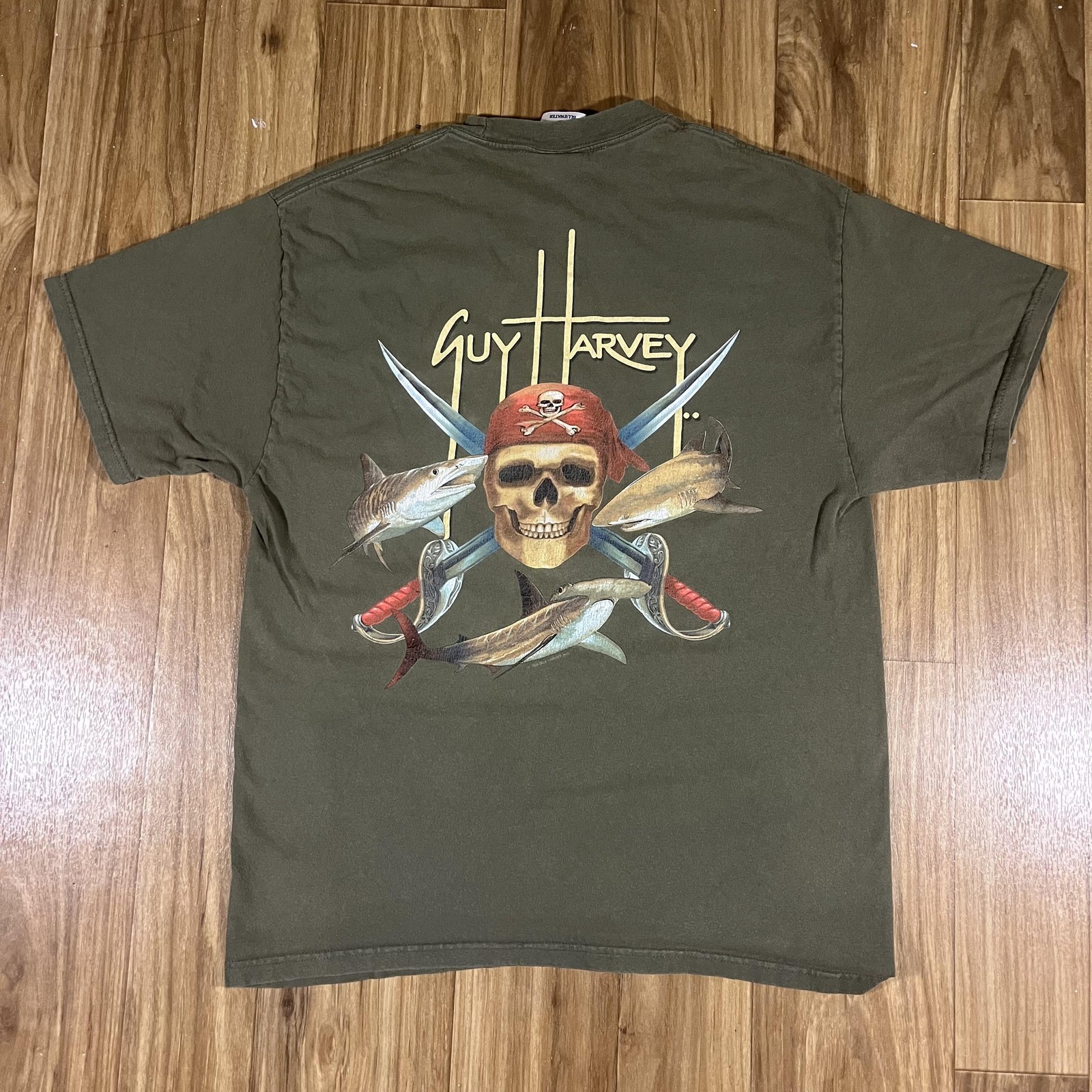 Vintage Guy Harvey Shirt Mens Large Green Pirate Skull Shark Fish Ocean Y2K gallery