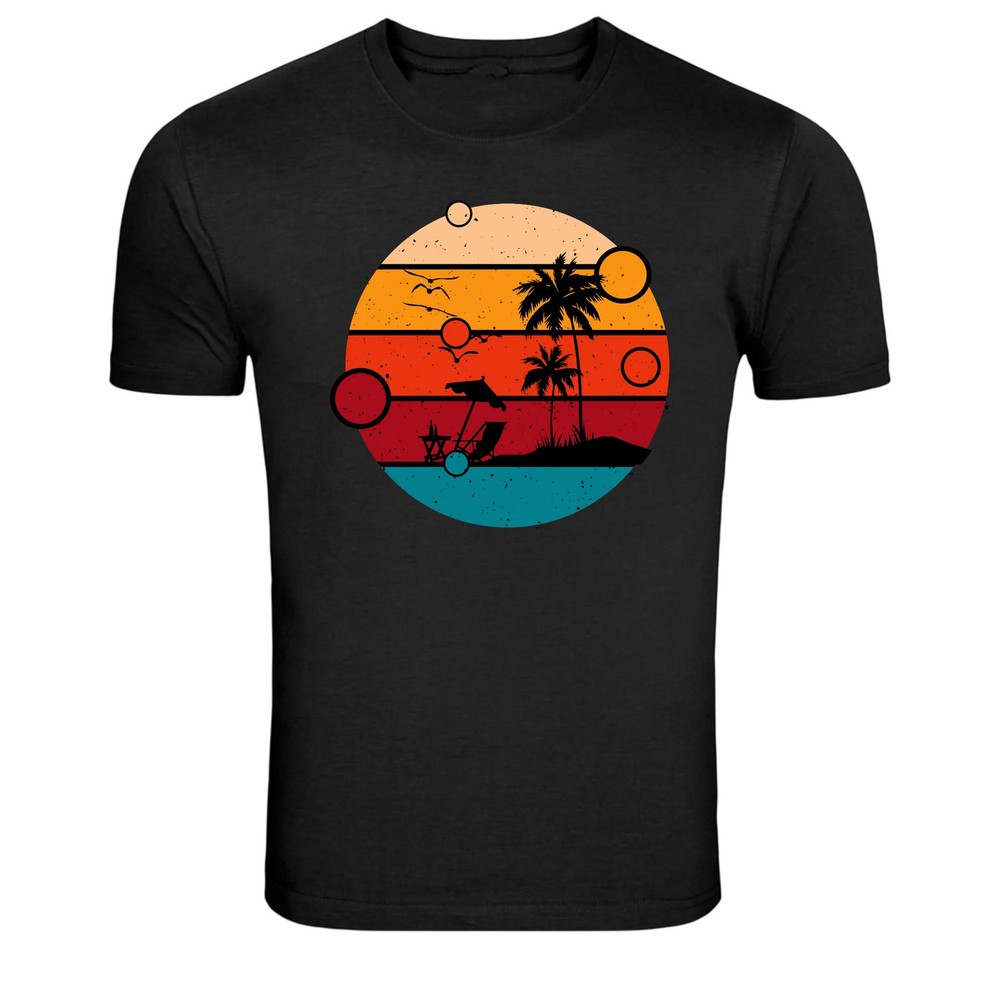 Summer Tropical Beach Sunset Circle Retro Graphic T Shirt