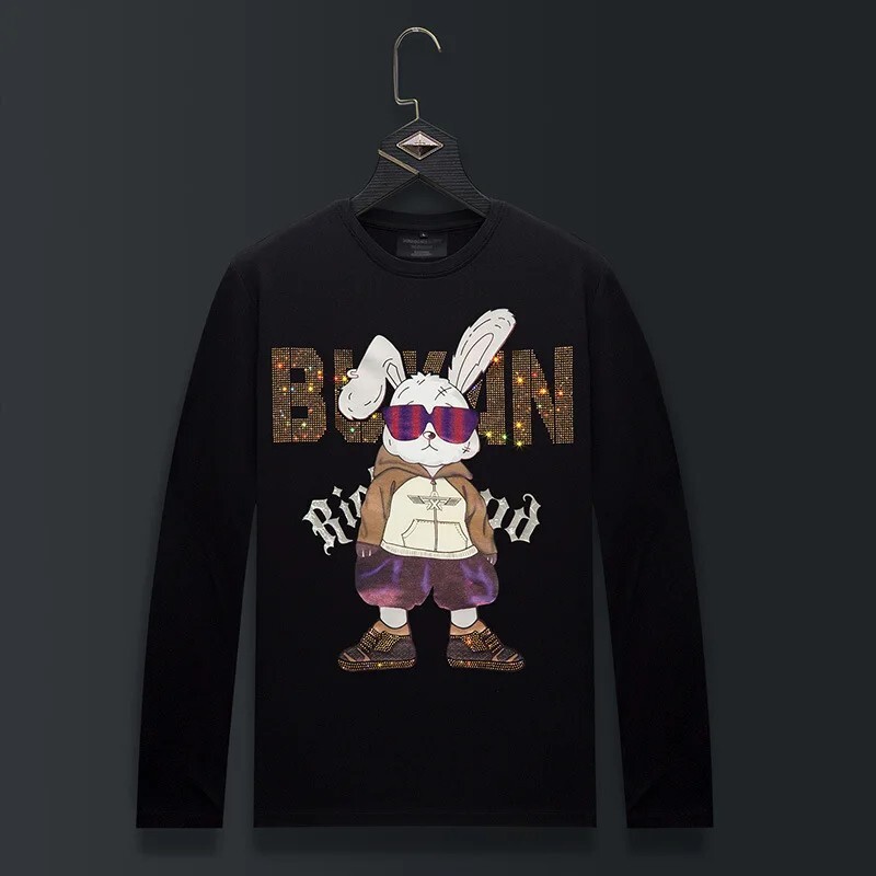 Fashion Bunny Trend Rhinestone Long Sleeve Luxury Men T-Shirt Plus Size 6XL