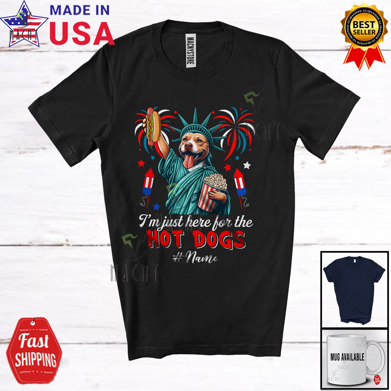 Custom Name Just Here For The Hot Dogs; Proud Pit Bull Liberty Patriotic T-Shirt