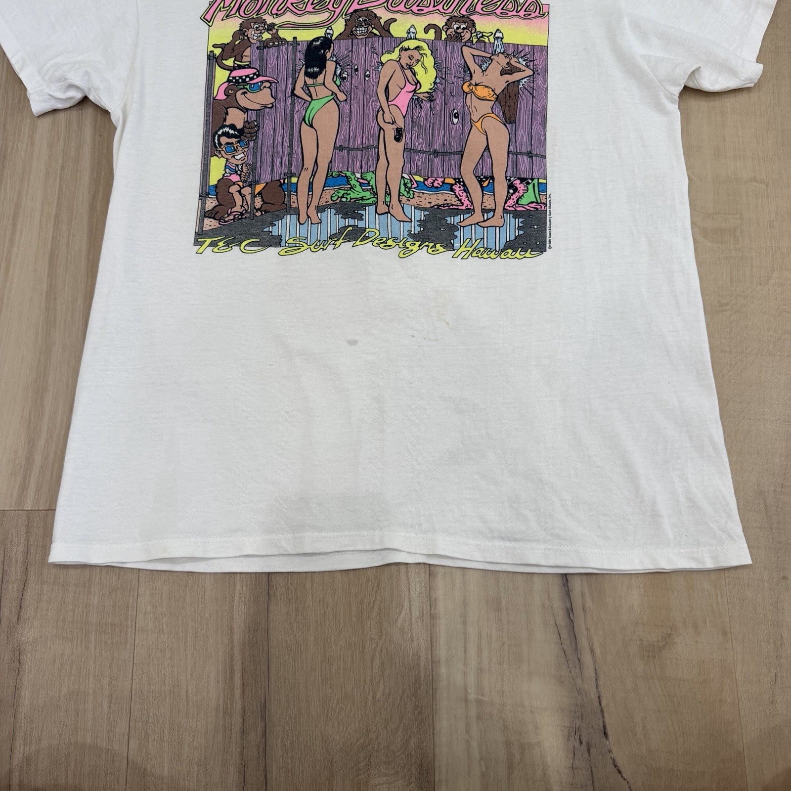 Vintage T&C Town & Country Monkey Business Shirt White Large Single Stitch USA gallery