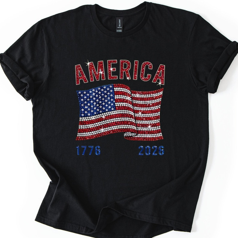 America 250 Bling Shirt, Patriotic Sparkle Flag Tee, 4th of July Gift gallery
