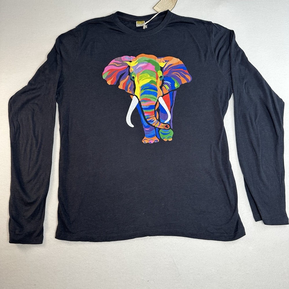 NWT ONNO Men’s L Gray Long Sleeve Crew Neck WWF Rainbow Elephant Graphic T-Shirt