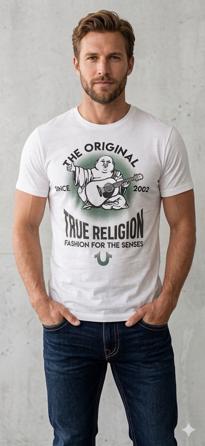 $69 TRUE RELIGION White REAL DEAL BUDDHA Short Sleeve Designer Graphic T-shirt gallery