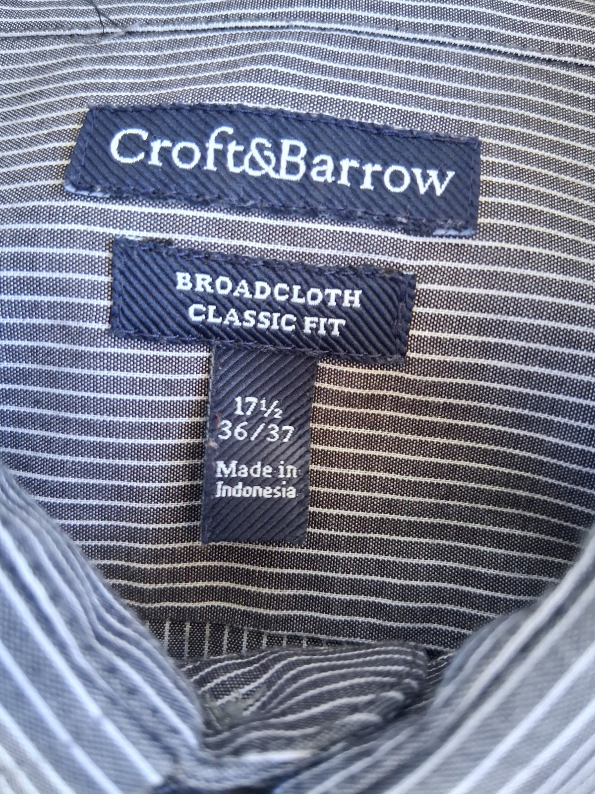 Croft & Barrow Men’s Gray Striped Broadcloth Button-Up Shirt Long Sleeve 17.5 36 gallery