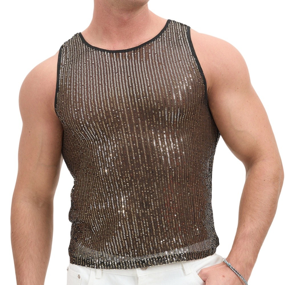Men’s Sparkle Sequins Tank Top Sleeveless Slim Fit T-shirts Vest Club Rave Party