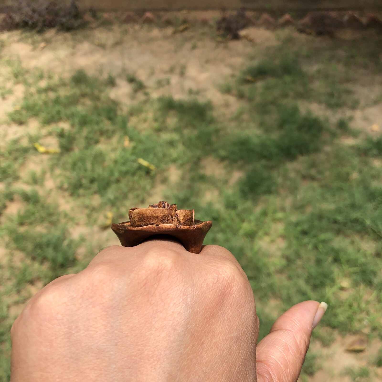 Kadamb Wood Rose Flower Carved Handmade Ring, 35 mm dia, US 9 Ring Size, D5