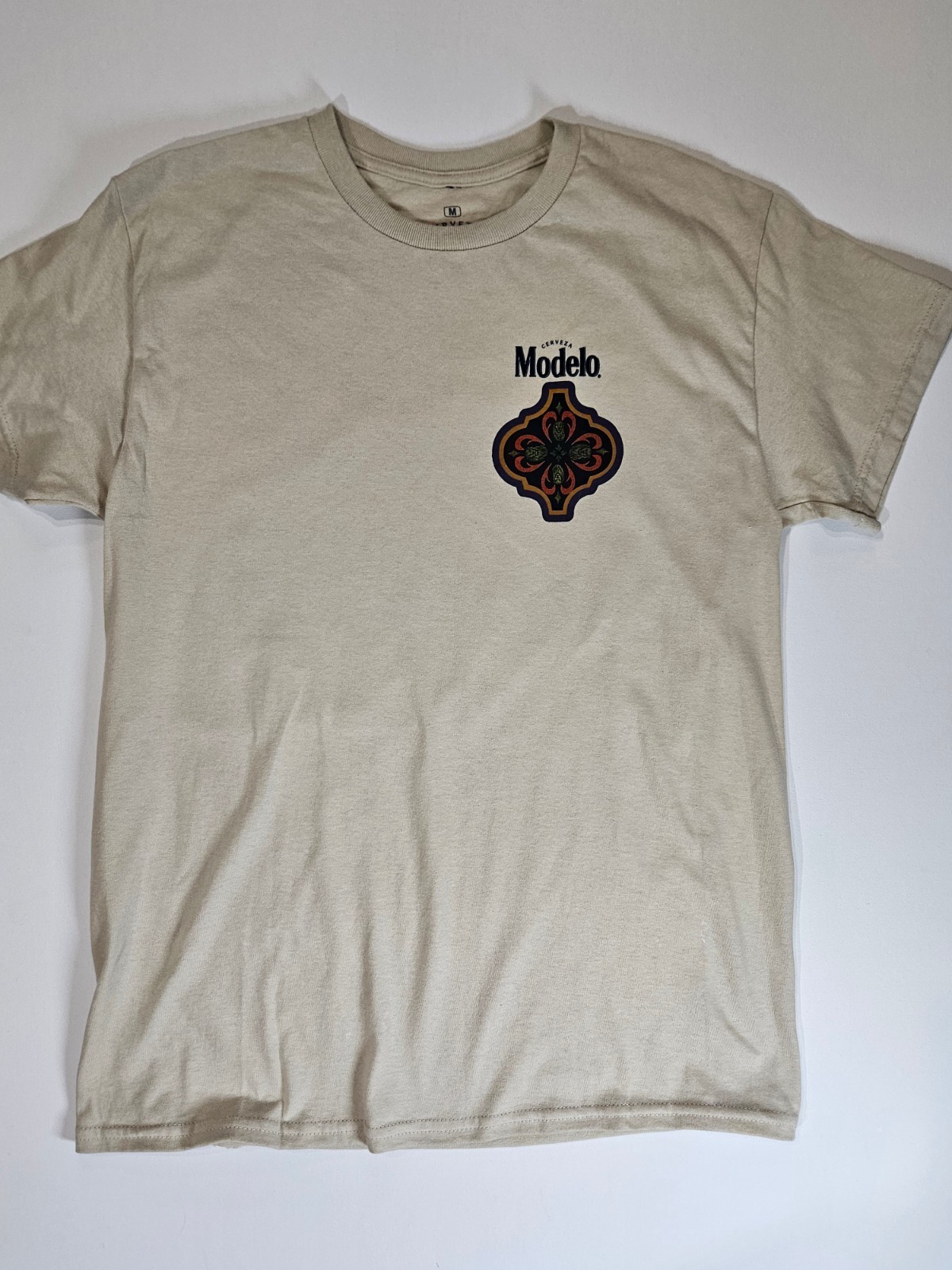 Modelo T-shirt Mens Medium Beige Gold Aztec Graphic Casual Mexican Beer Tee