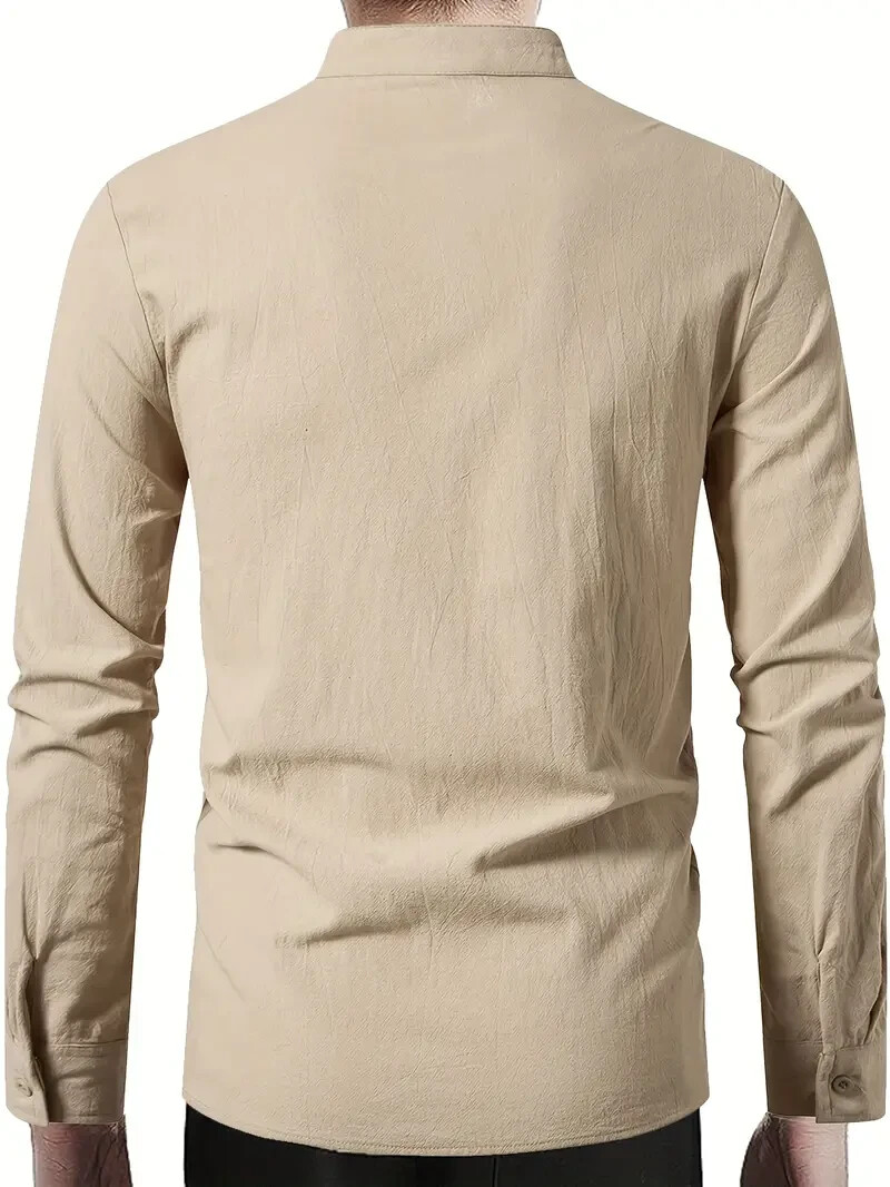 Men's Casual Long Sleeve Henry Shirt Lace-Up Stand-Up Collar Cotton Linen Blouse gallery