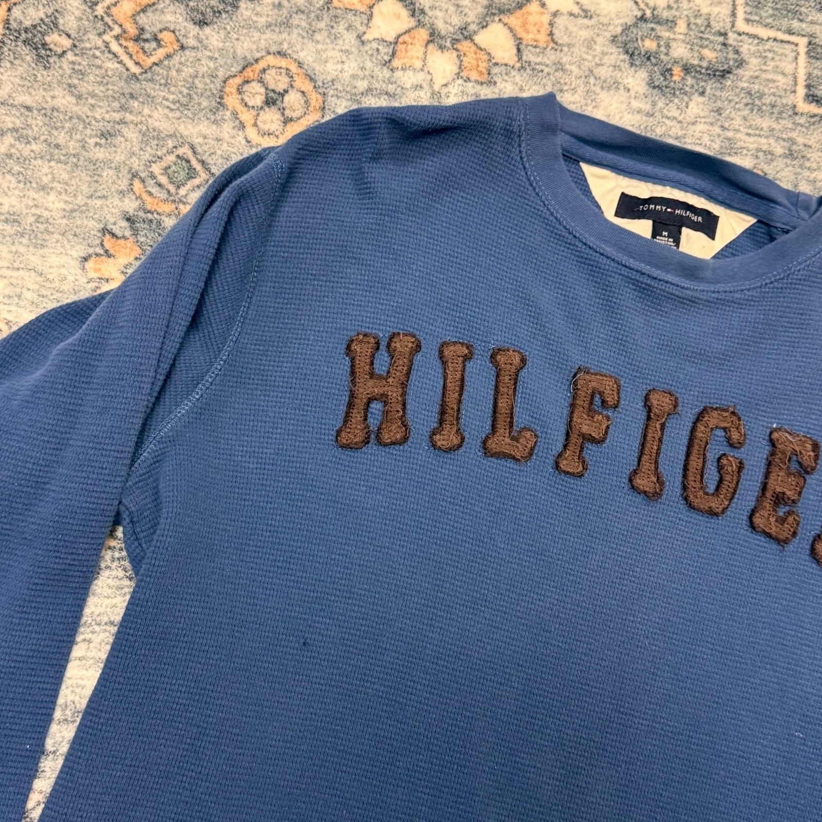 Tommy Hilfiger Vintage Style Blue Waffle Knit Long Sleeve Shirt with Brown Spell gallery