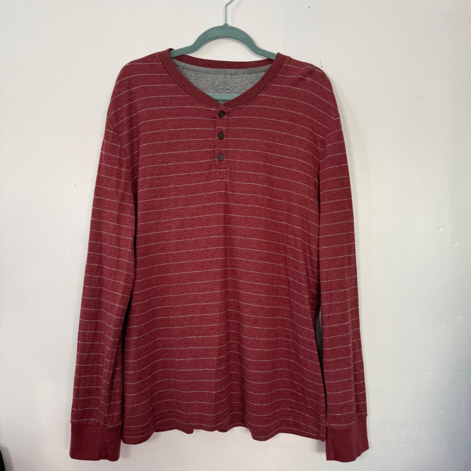 St Johns Bay Mens XL Henley Shirt Long Sleeve Burgundy Grey Striped Super Soft gallery