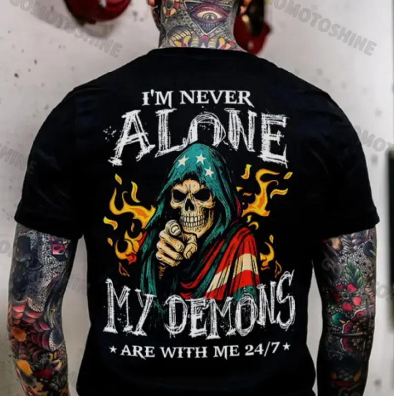I'M NEVER ALONE MY DEMONS ARE WITH ME USA Flag Skeleton Print Men's T-shirt 9 gallery
