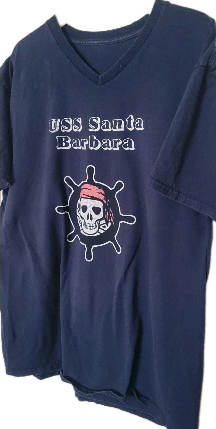 USS SANTA BARBARA AE28 Mens XL V Neck T Shirt, Jolly Roger Logo, Decommissioned