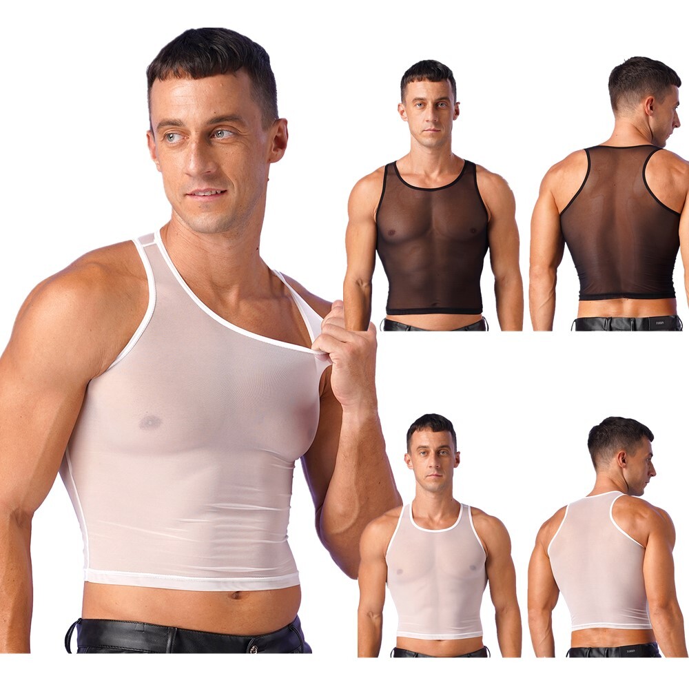 US Mens Tank Top Workout Crop Tops See-Through T-shirts Muscle Blouse Mesh Vests gallery