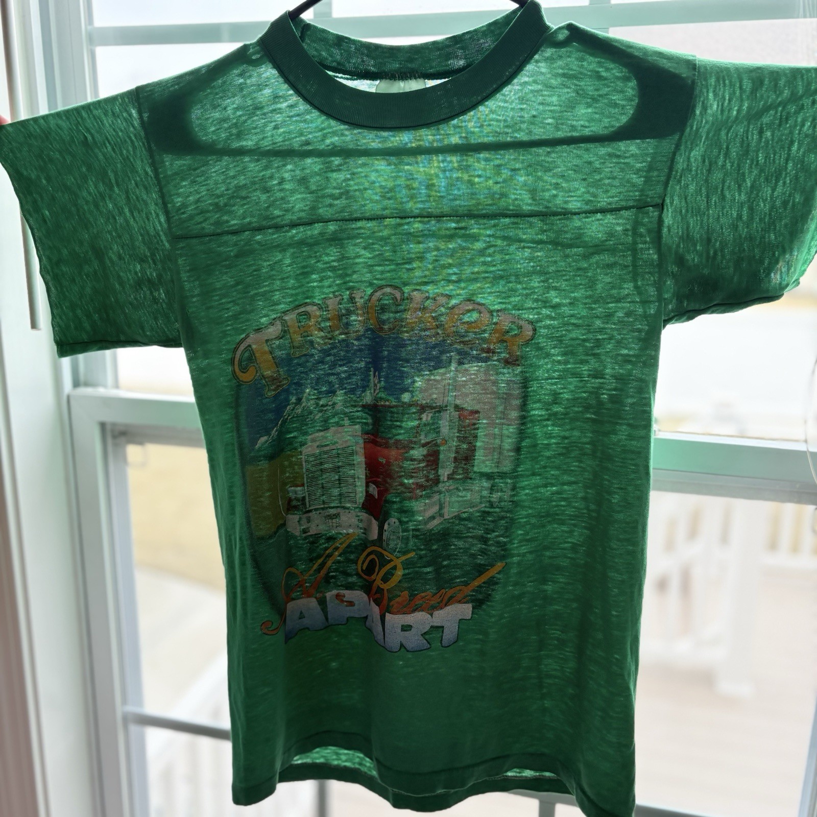 Vintage 80s Paper Thin Trucker T Shirt Green Sz M Rig USA Trucking Tee