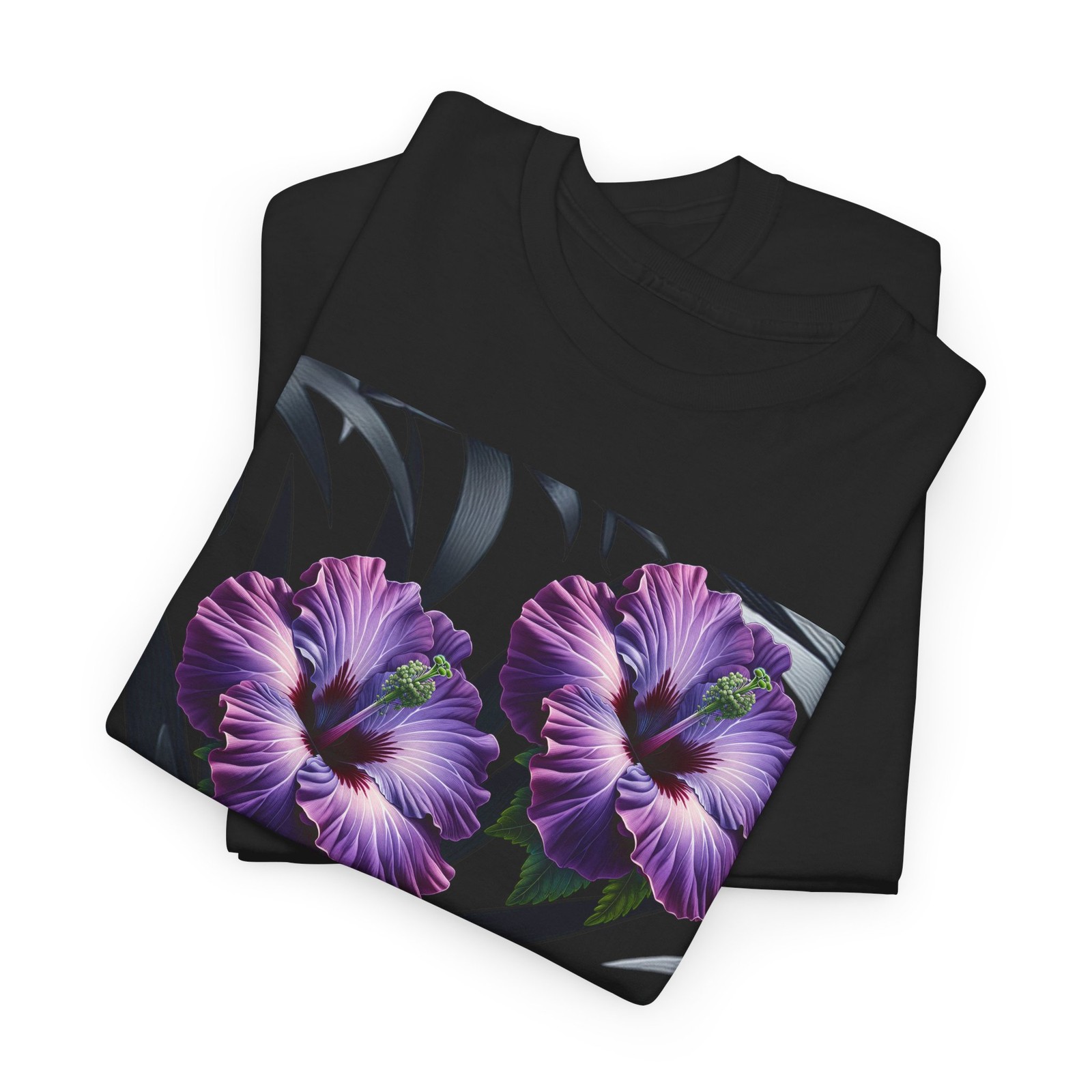 Unisex Heavy Cotton Tee, Big Beautiful Purple Flower, with Grey Leaves. gallery