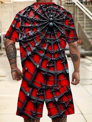 [Printed Design – Not Textured] Men’s Plus Size Spider Red Web Print T-Shirt