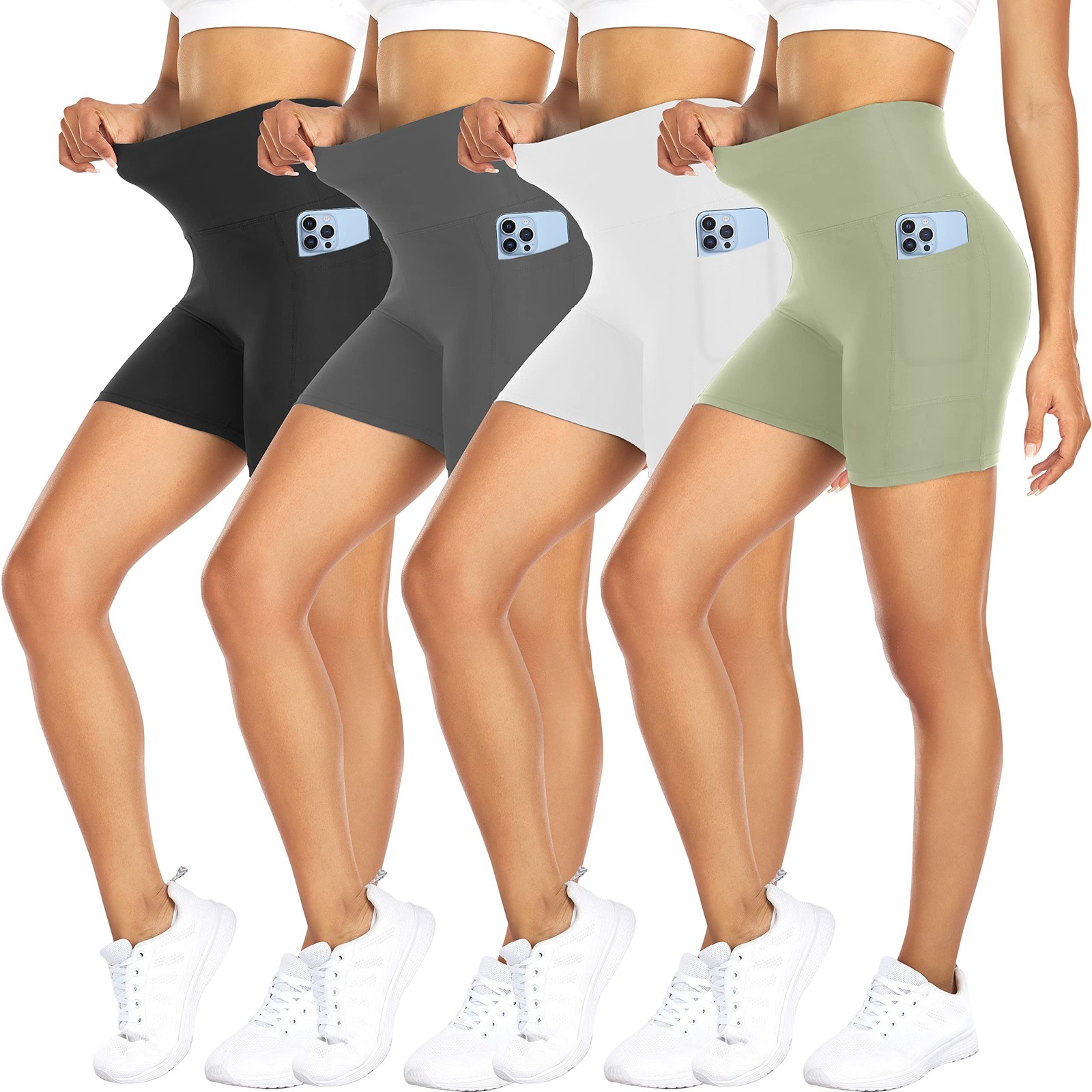 4 Pack Biker Shorts for Women – 5″ High Waist Tummy Control Workout Yoga Runn…