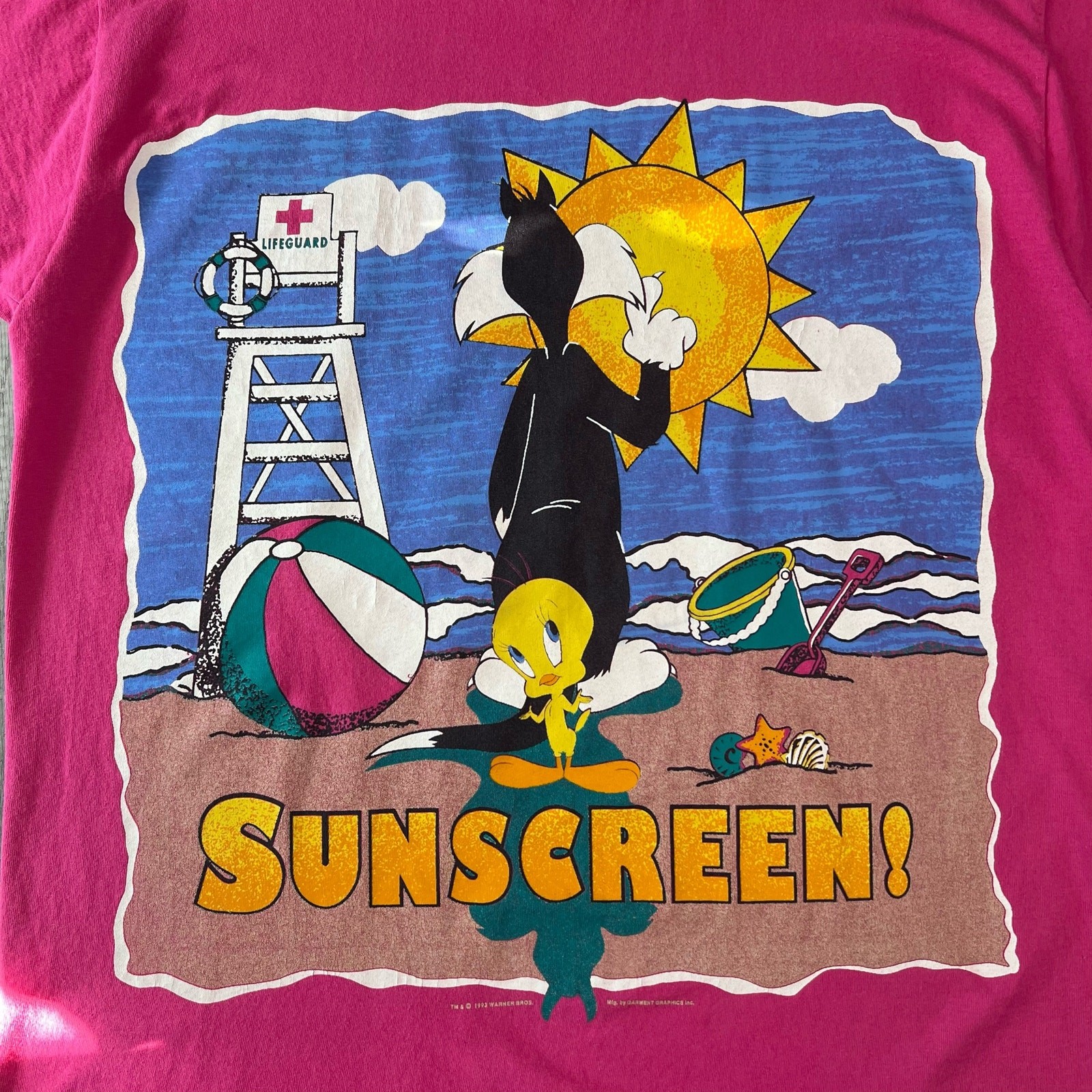 Vintage Tweety Bird Sylvester Cat Large Graphic Beach Sunscreen T-Shirt Pink XL gallery