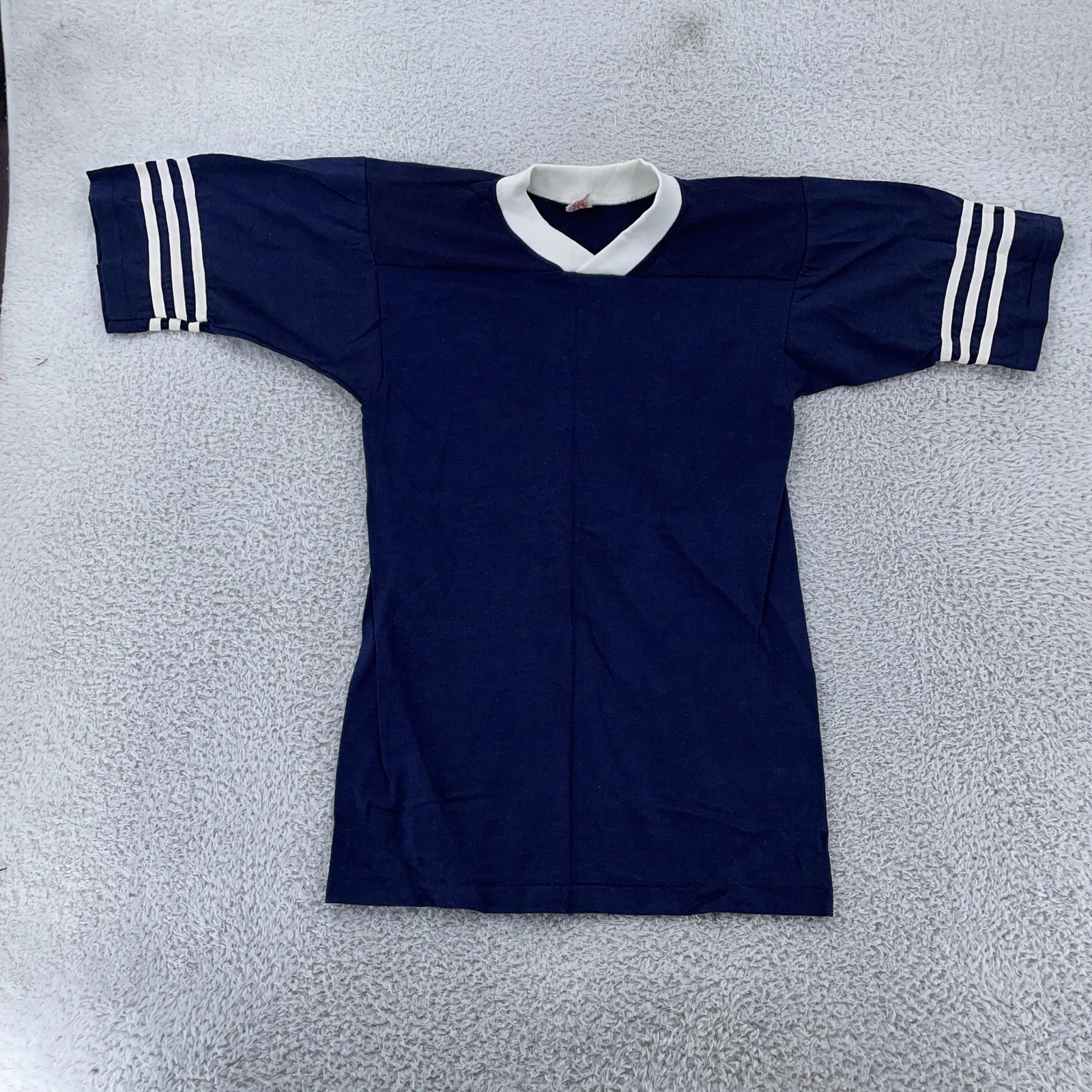 Vtg 70s Blank Jersey Ringer Shirt 2XS Navy White Stripes V Neck Tee