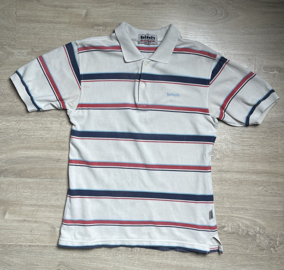 Vintage Bitch Skateboards Striped Button Up Polo T Shirt Men’s Size Medium 90S gallery