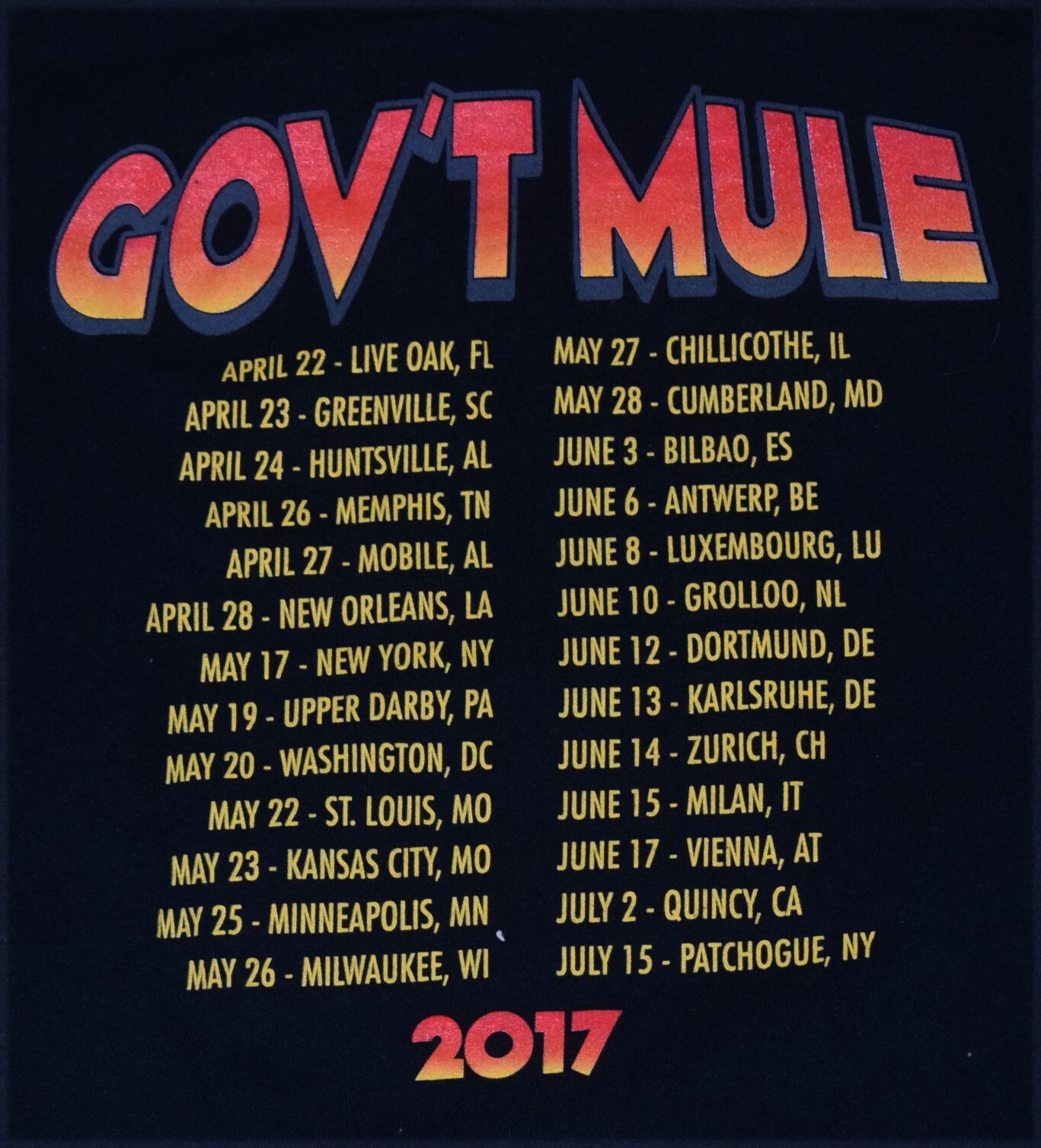 Government Mule 2017 Concert Tour T-Shirt Double Sided - Size M - Black - Rock gallery