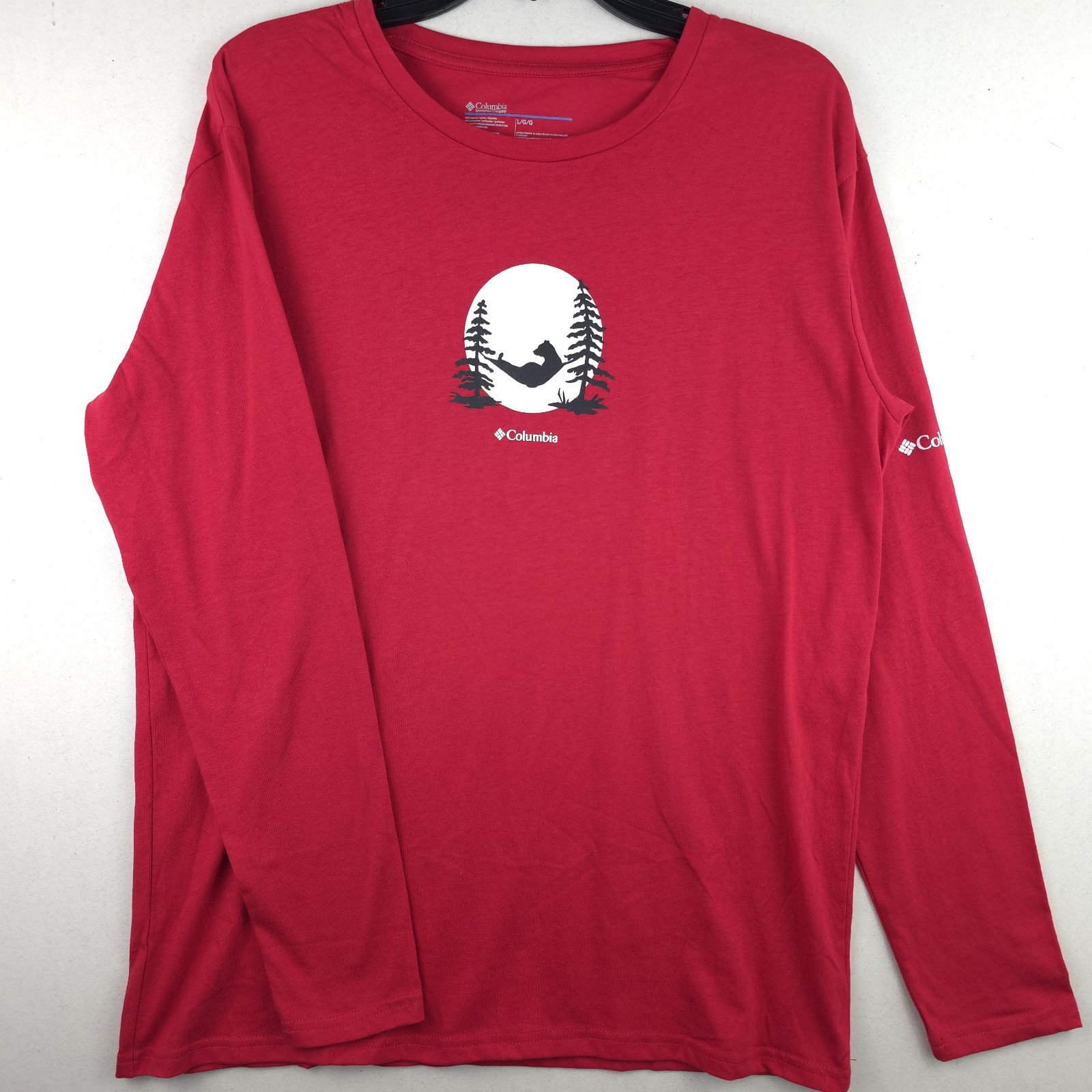 Columbia Mens L Red Long Sleeve Graphic T Shirt Hammock Camping Outdoor Tee Logo
