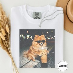 Funny Pomeranian Drinking Iced Coffee Shirt, Animal Meme Tee T-Shirt