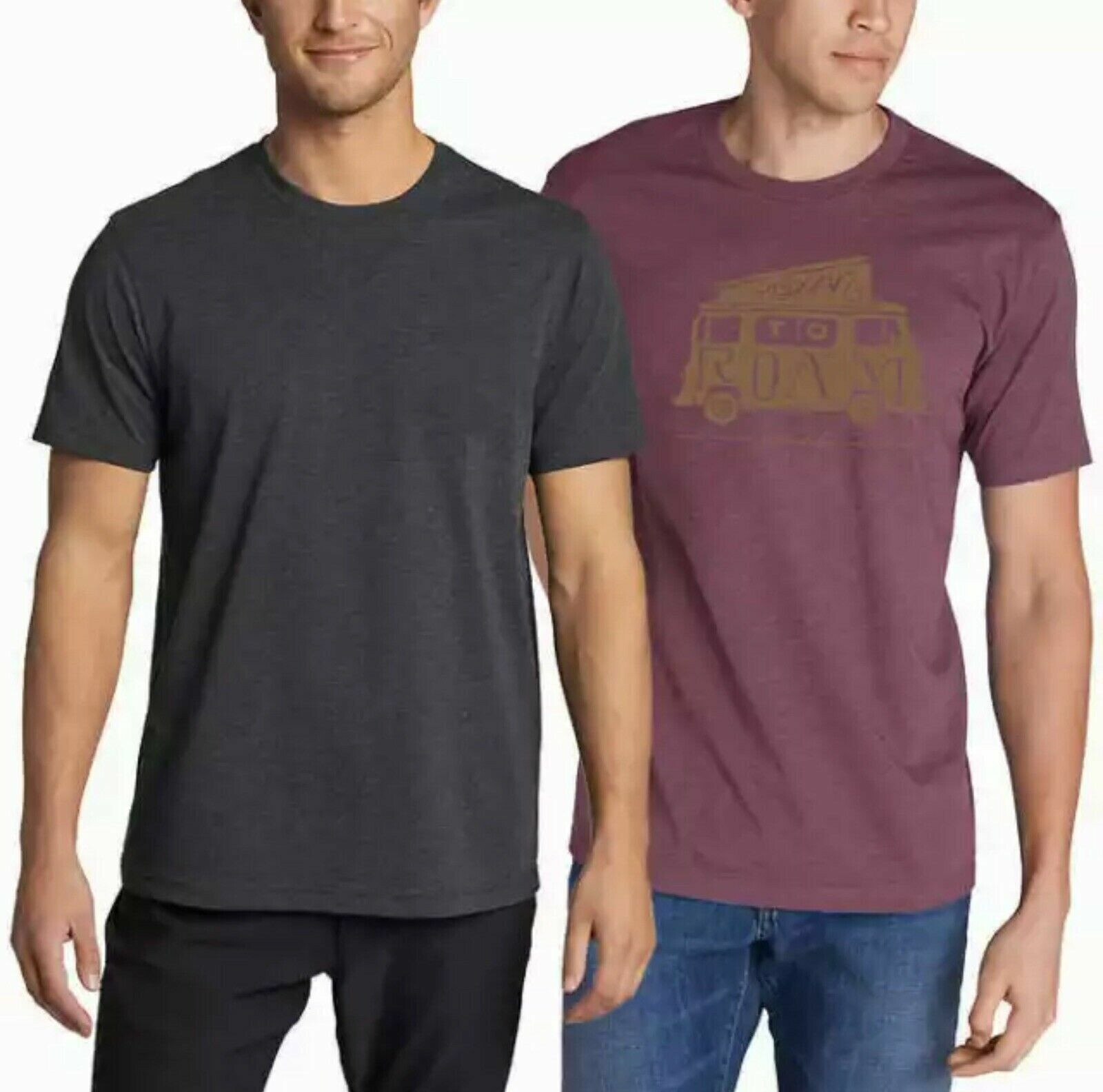 Eddie Bauer 2 Mens Ultra Soft Graphic & Crew T-Shirts (Burgandy/Grey, Small) NWT