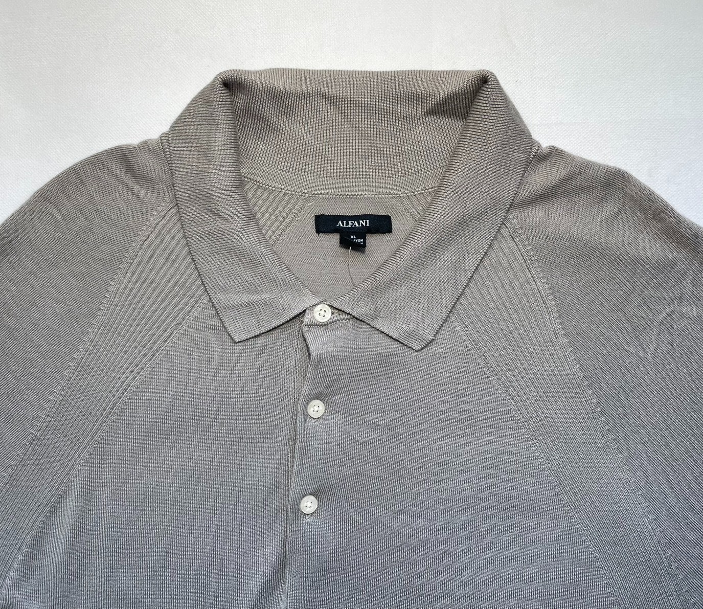 NWT Alfani Men's XL Ribbed Raglan Sweater-Knit Polo Shirt Willow Wood Ash $50 gallery