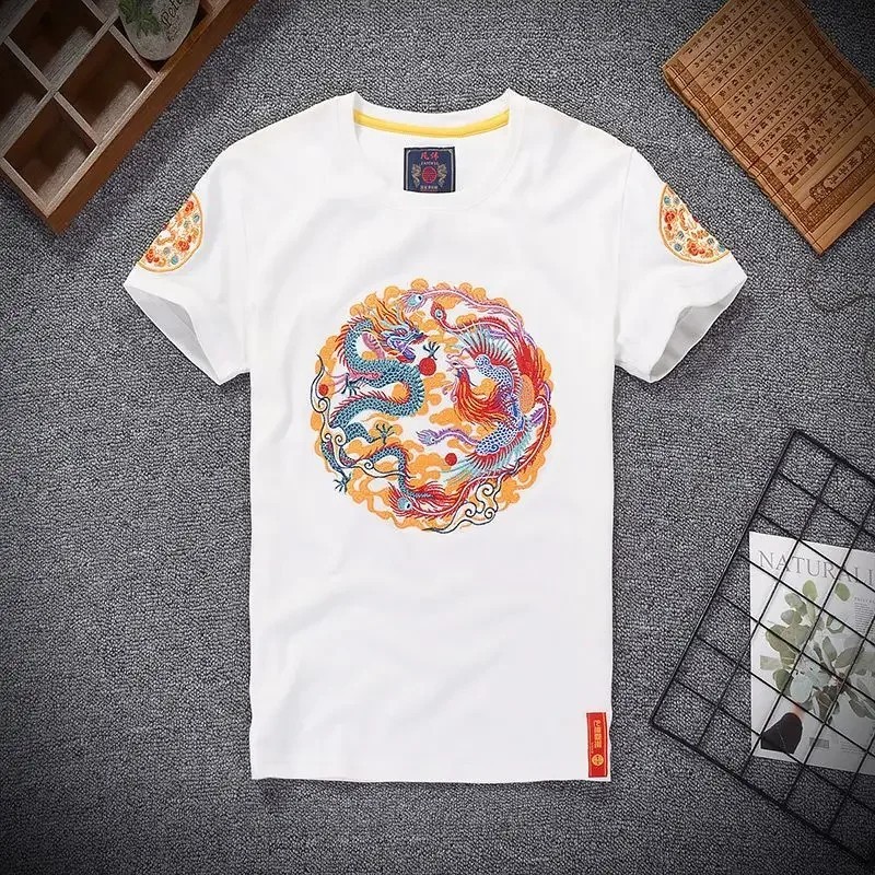 Men Dragon Phoenix Embroidered T-Shirt Chinese Style Short Sleeve Casual Top gallery