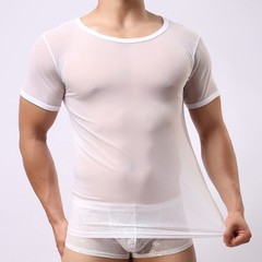 Breathable Mesh See Through Muscle Top Short Sleeve Night Club T Shirt For Men
