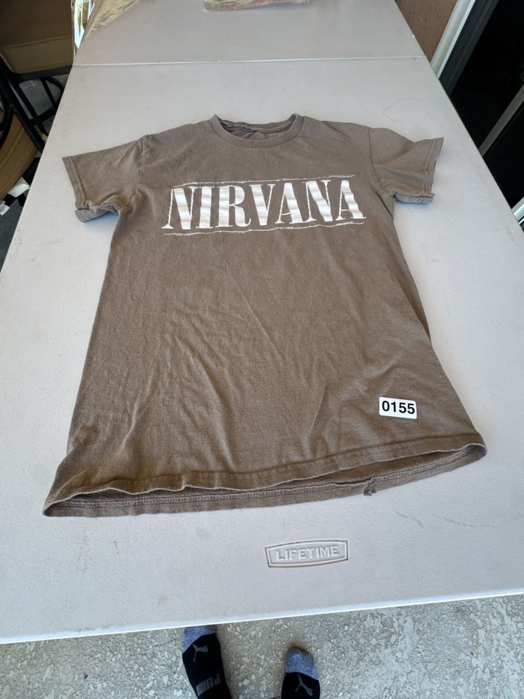Nirvana Brown Two-Sided Graphic T-Shirt Stencil Logo Smiley Face. Reprint with a gallery