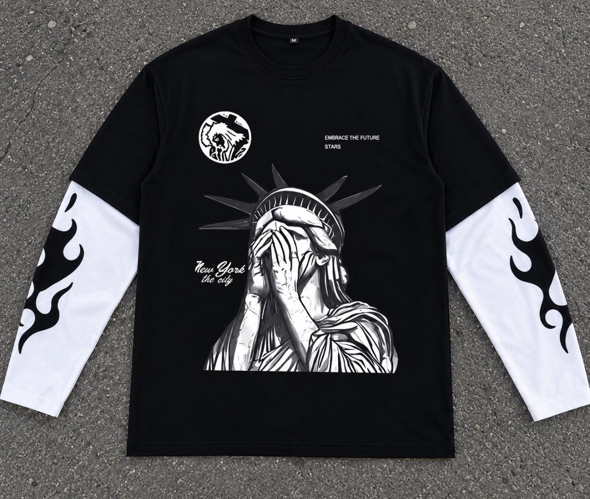 🗽 Y2K Graphic Long Sleeve Tee Statue of Liberty Tribal Flame Streetwear Black gallery