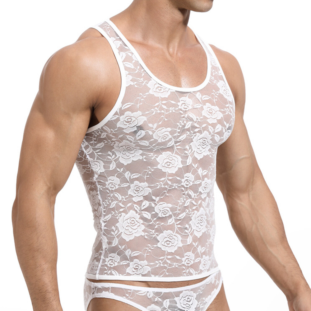 Mens Gym Tops Tank Top Vest Undershirts Lace T Shirt Floral Sleeveless Sexy gallery