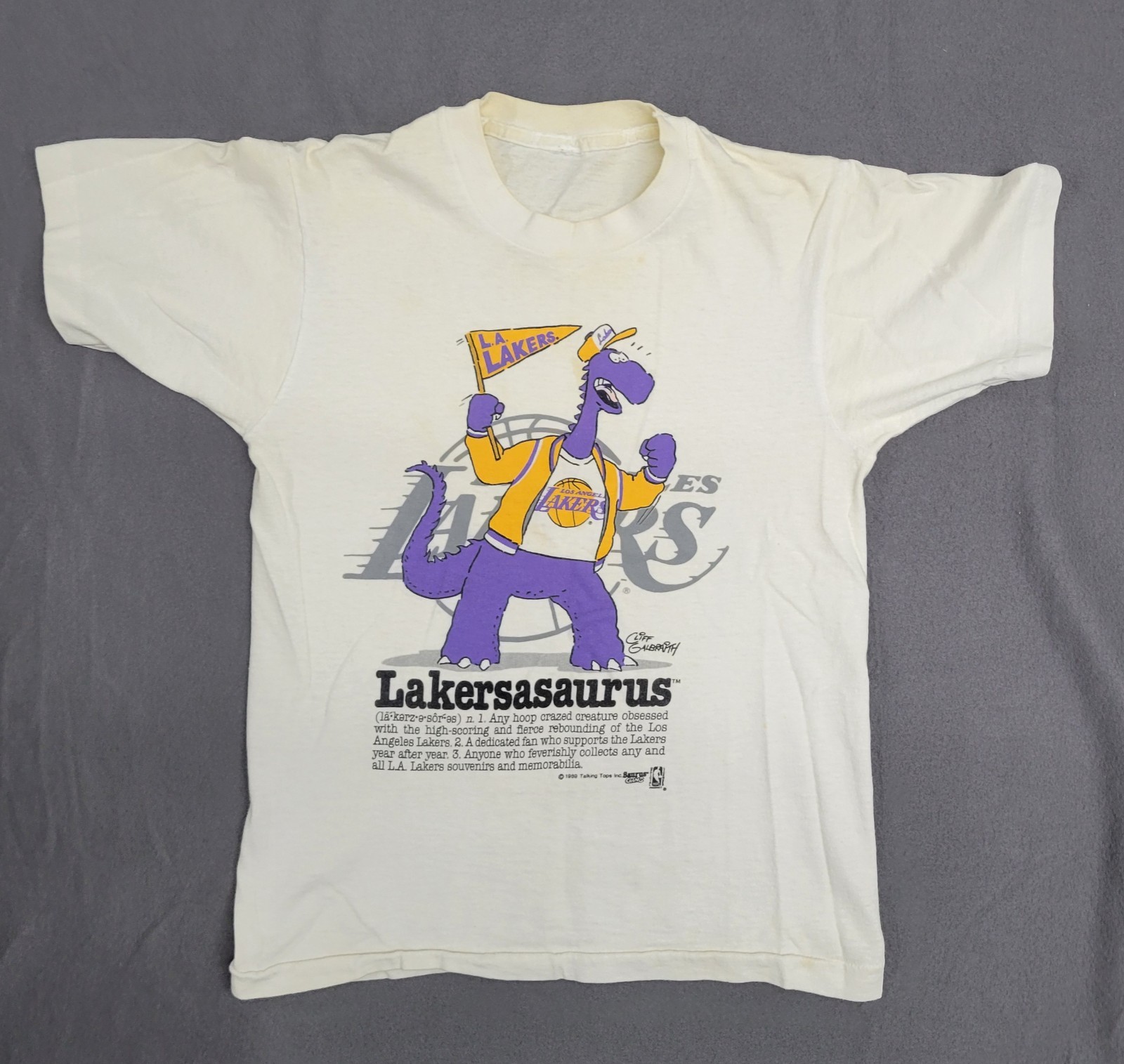 Los Angeles Lakers Lakersasaurus T-shirt Cliff Galbrath 80s NBA SS Rare VTG gallery