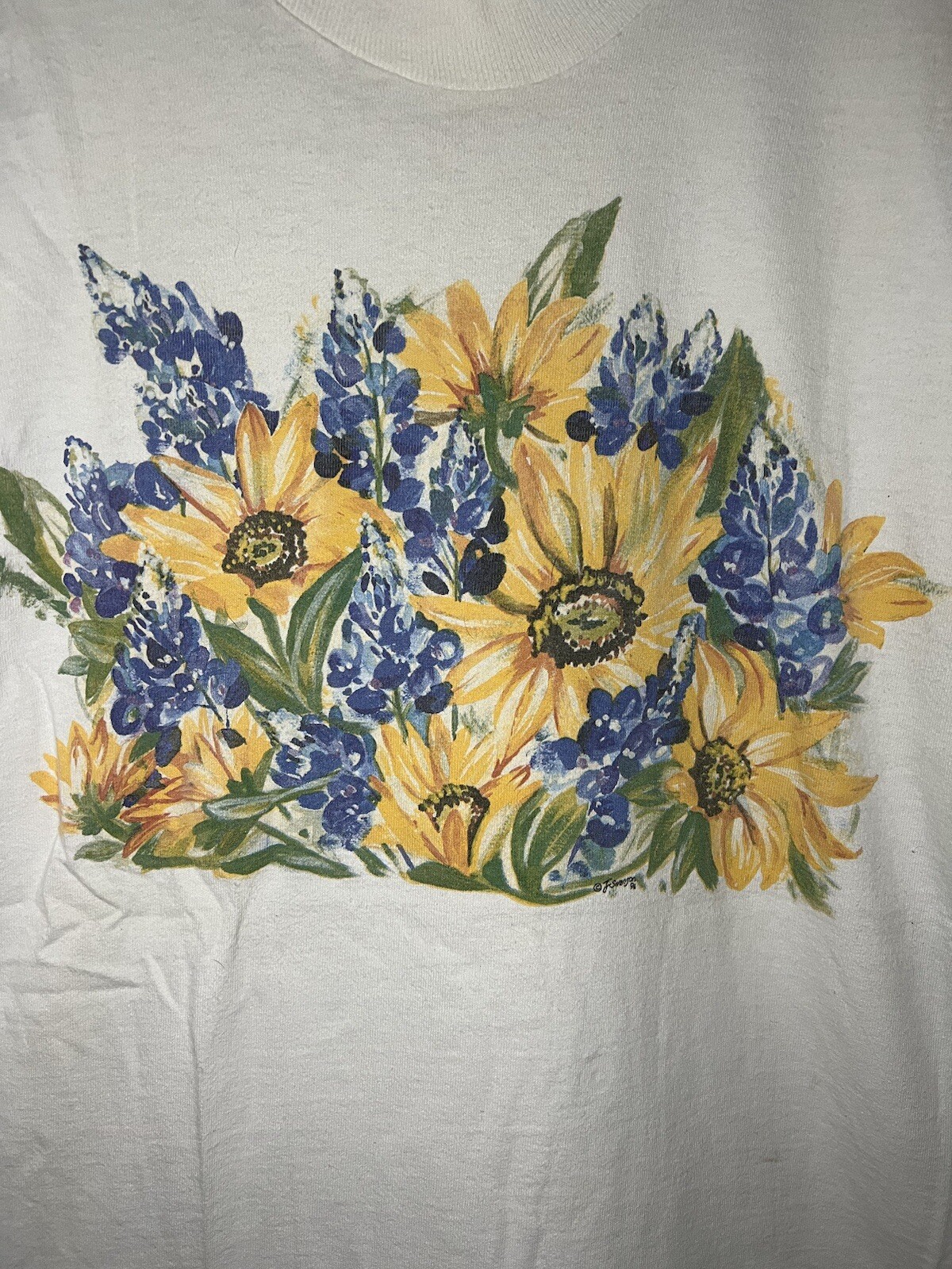 Vintage 1996 Sunflowers Outdoor Nature Art T-Shirt Large White USA Made FOTL SEE gallery