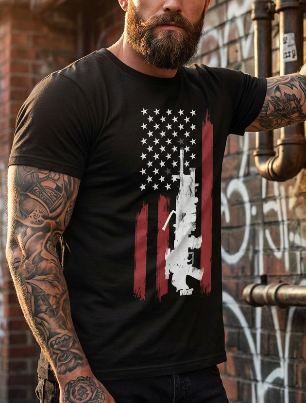 Men's 100% Cotton T-Shirt Teens Short Sleeve Crew Neck American Flag Gun gallery
