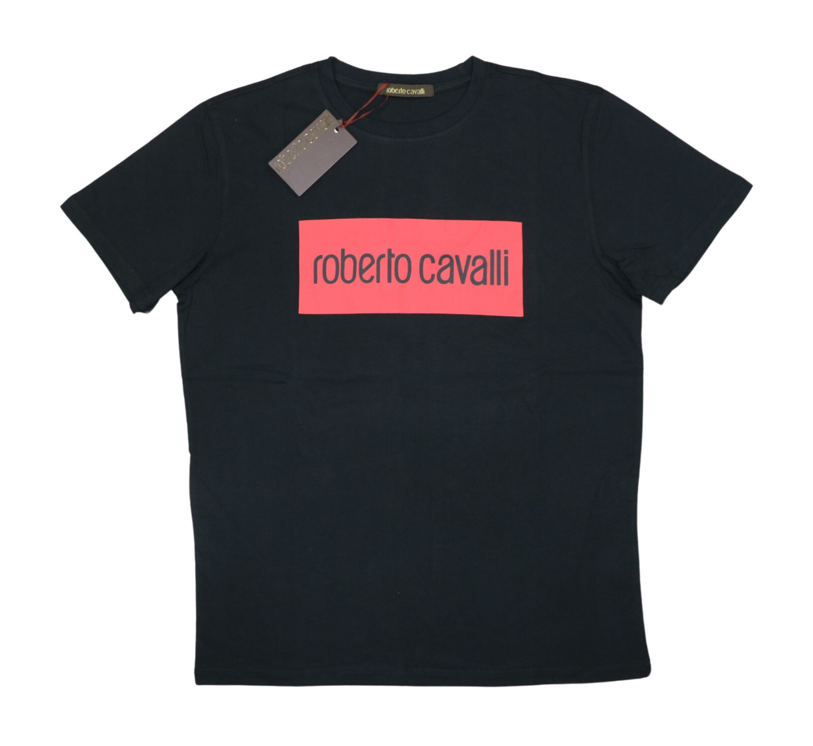 Roberto Cavalli Graphic Print Logo Short Sleeve Crew Neck Mens T-Shirt NWT Black