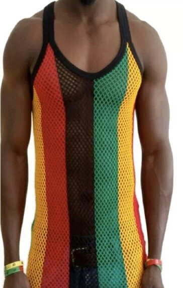 L Rasta Men Vest 100% Cotton Fishnet Fitted String Mesh Stretchy Jamaican Hot gallery