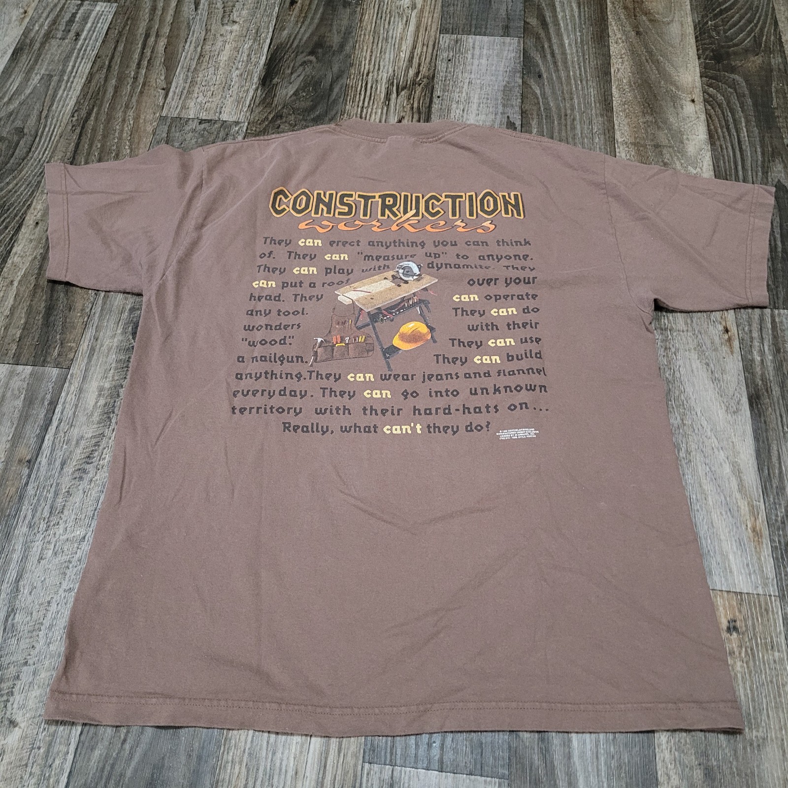 Vintage Construction Workers Brown T Shirt XL 1999 90s Husband Dad Shirt Gift gallery