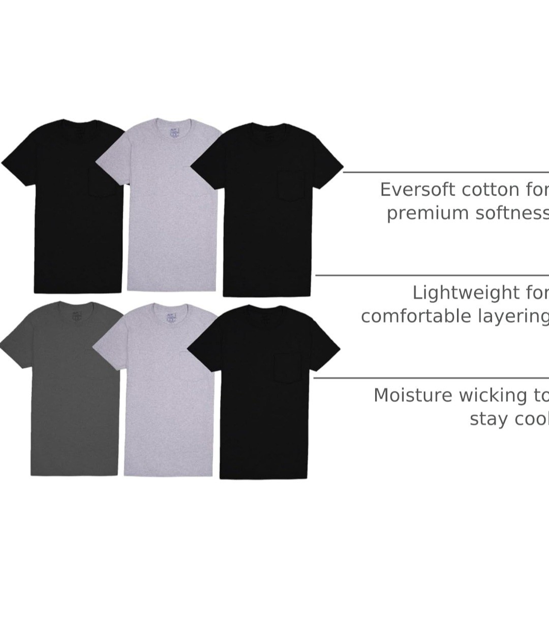 Fruit Of The Loom Men's 6pk Pocket Tees Size L New Moisture Wicking Eversoft gallery